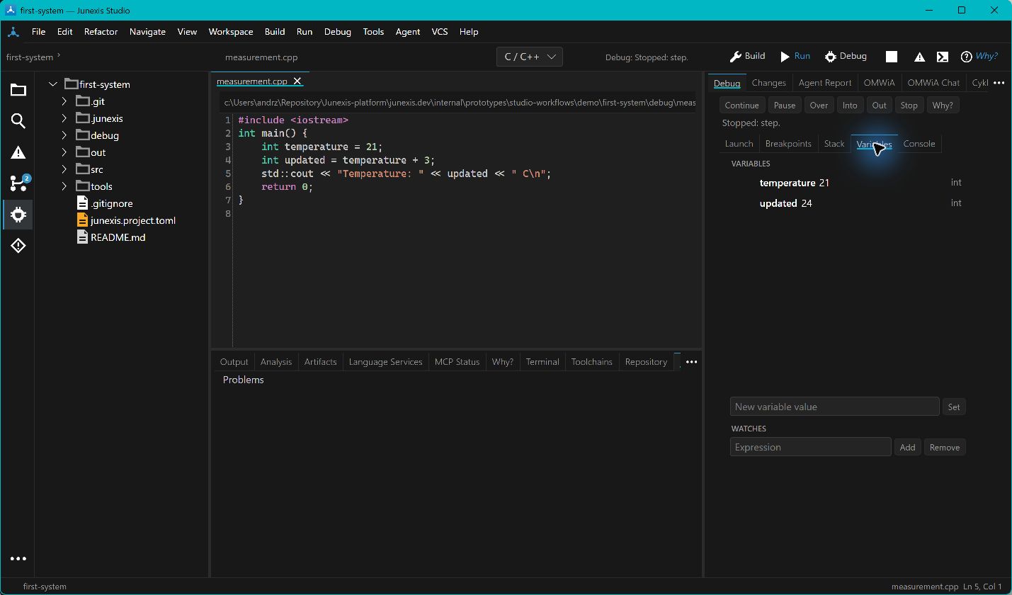 Zatrzymany program C++ w Studio, zmienne temperature 21 i updated 24